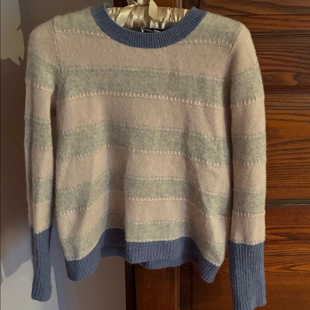 White + Warren Pastel Striped Crewneck Sweater in Pink and Blue